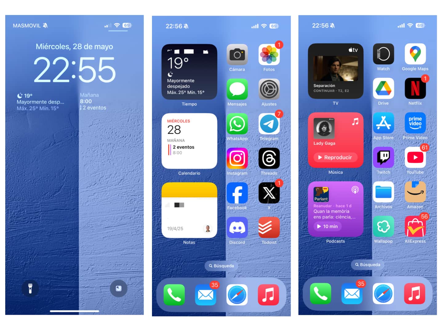 imagen real de las pantallas del iPhone 15 Pro de fiebrematica: Bloqueo, Primera pantalla y segunda pantalla, así como el fondo de pantalla