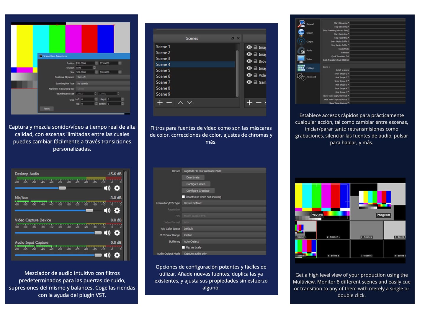 imagen donde se puede apreciar diferentes configuraciones y pantallas de OBS