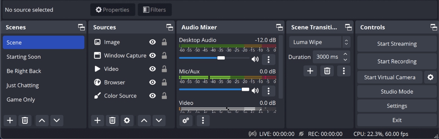 imagen donde se ve el cuadro de control de OBS