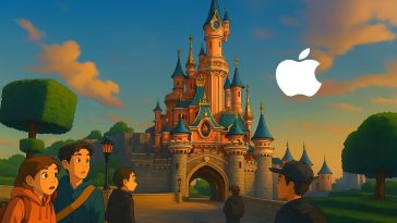 imagen generada por IA donde se ve el castillo de Disneyland París y el logo de Apple