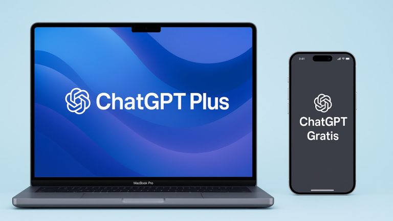 Imagen comparativa de un MacBook Pro mostrando en pantalla ‘ChatGPT Plus’ sobre un fondo azul, junto a un iPhone 16 Pro Max en vertical con el texto ‘ChatGPT Gratis’ en un fondo gris oscuro, ambos sobre un fondo azul claro.