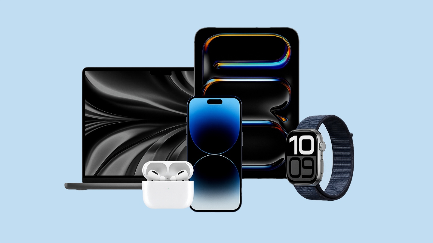 imagen donde se ve un ecosistema de apple conformado por un macbook air, iphone pro, apple watch, ipad pro y airpods