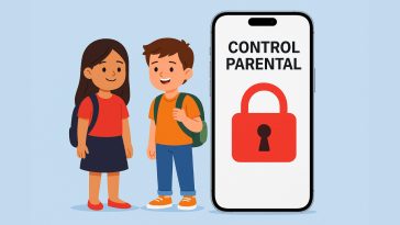 imagen generada por IA que simula dos menores y un iPhone controlado con la opción Tiempo de Uso Control Parental