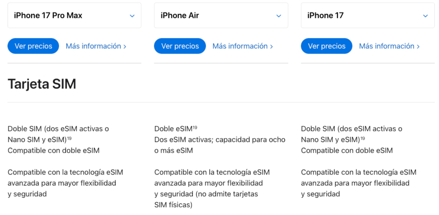imagen de la web de Apple donde hablan de la eSim en los nuevos iPhone 17