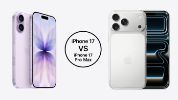 imagen donde se puede apareciar un iphone 17 pro en color plata y un iphone 17 en color lavanda