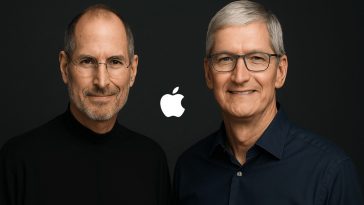 retrato de Steve Jobs y Tim Cook de Apple, cara a cara