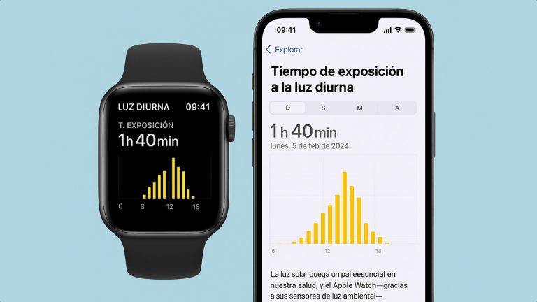 Tiempo de Exposición a la luz diurna, imagen que representa un iPhone y un Apple Watch con esta función activada en pantalla