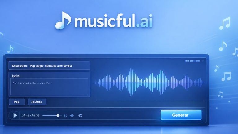 imagen generada por IA donde se ve el nombre del recurso en la web para crear música MusicfulAI