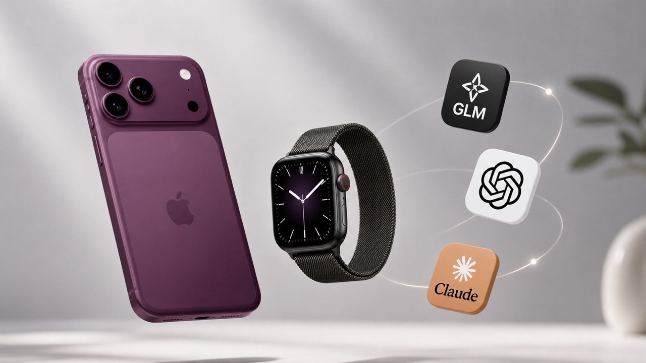 iPhone 18 Pro conceptual junto a un apple watch y logos de IA